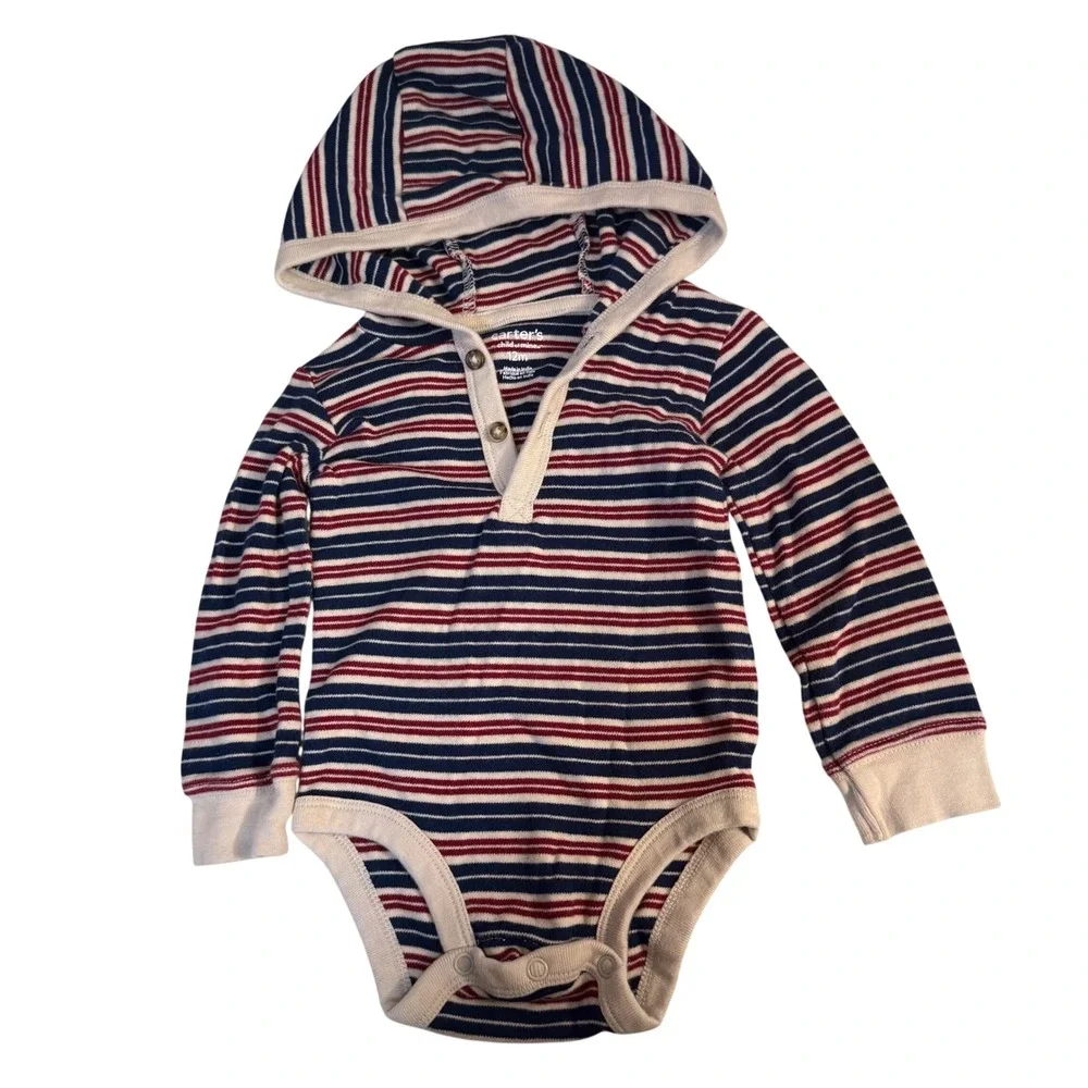 Carters Striped Button Up Long Sleeve Shirt Onesie 12 months Boy Cotton Top